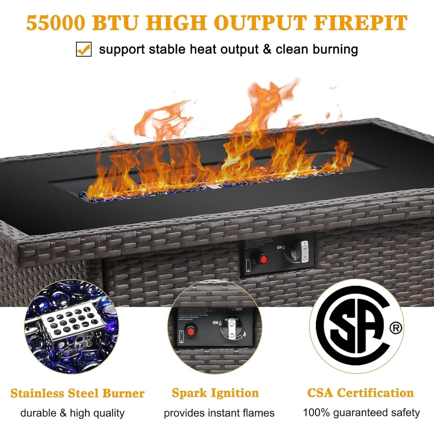 Rectangular Propane Gas Fire Pit Table