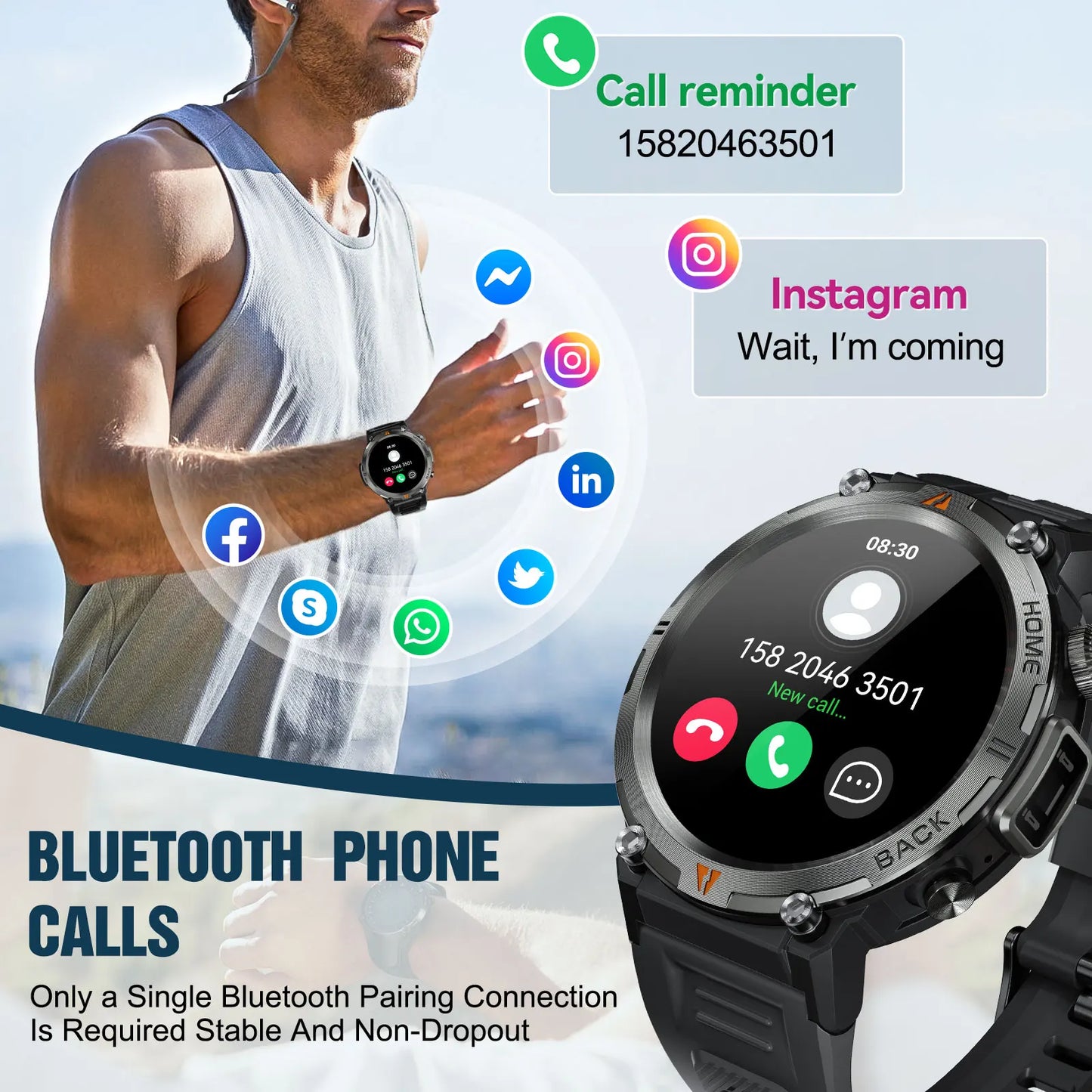 Men's Bluetooth Call Smart Watch With Flashlight