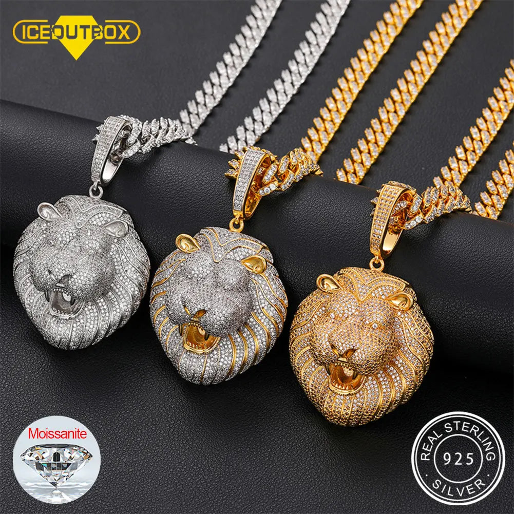 925 Sterling Silver Moissanite Lion Pendant Necklace