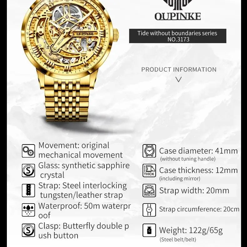 Automatic  Stainless steel Waterproof Gold Men Wristwatch