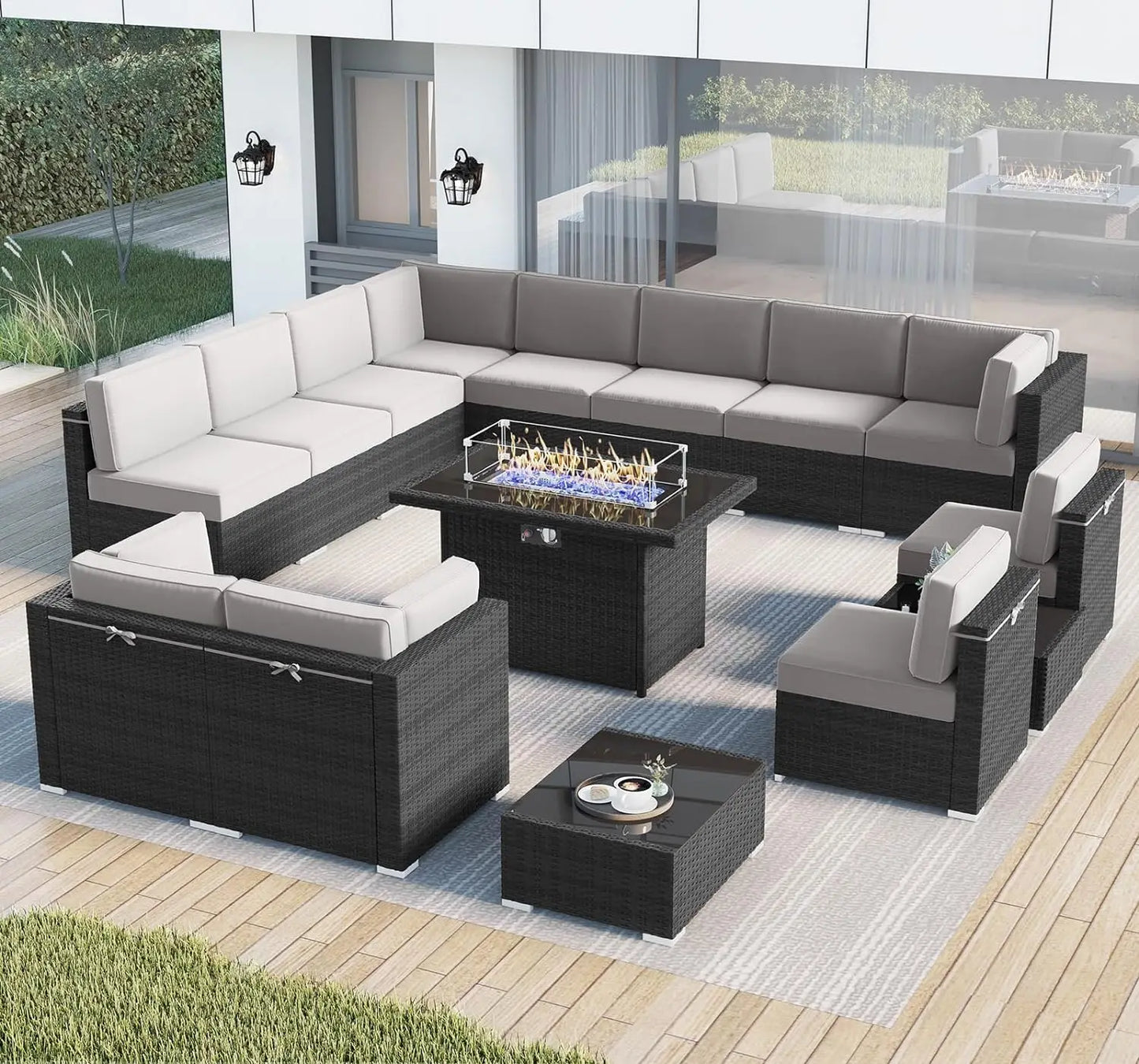 Wicker Rattan Sectional Sofa with Coffee Table