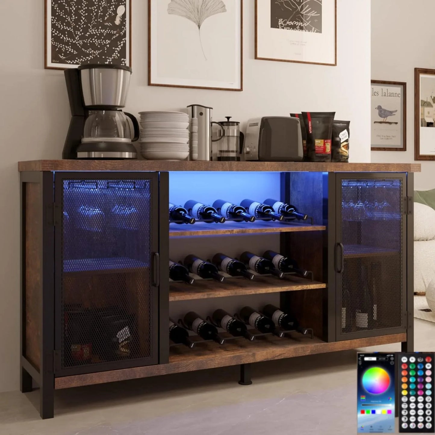 LED Adjustable Rustic Home Wine Bar Cabinet